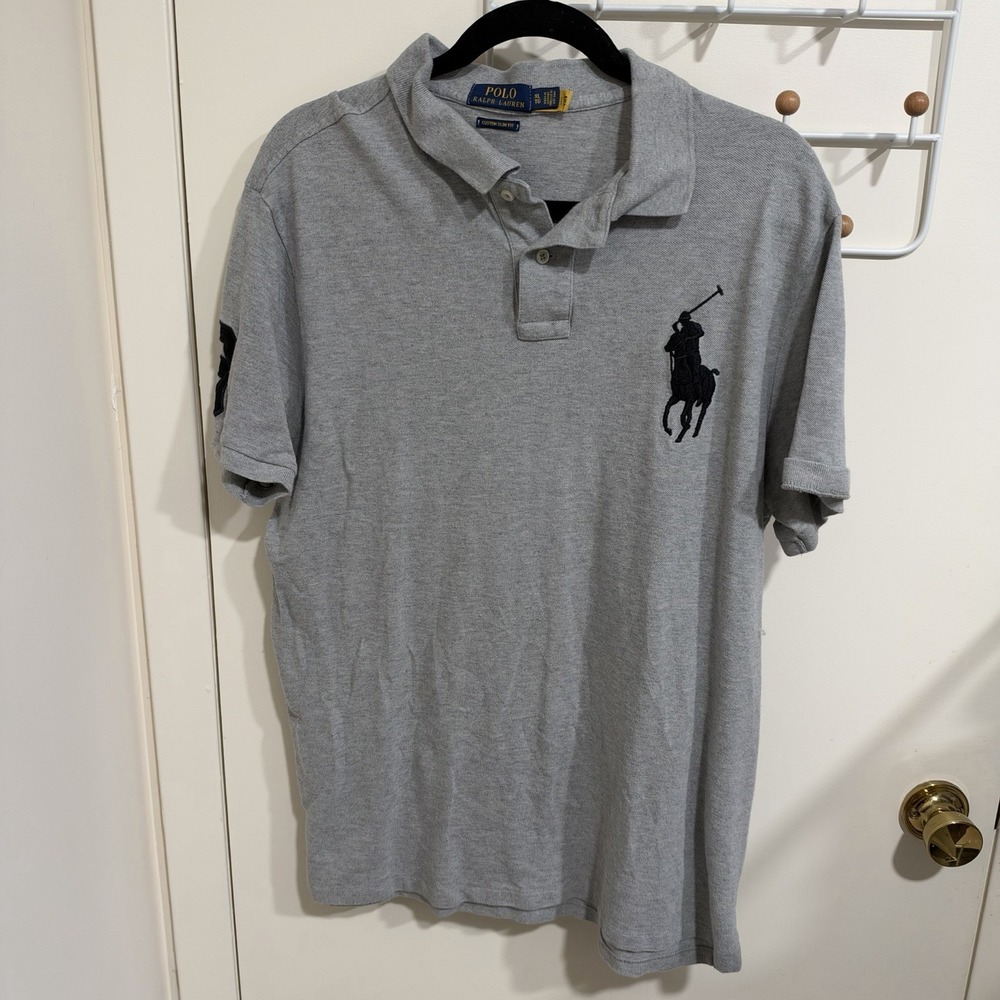 Polo Ralph Lauren Custom Slim Fit Big Pony Polo Shirt Gray Black Logo Men's XL